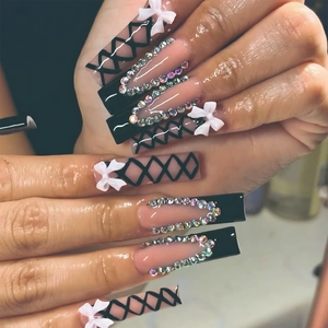 Handmade Long Coffin Press On Nails Pink Black Bowknot Criss-Cross Design With Rhinestones Artificial Pearls For Women Fashion