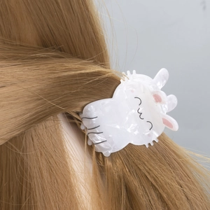 Cute pearl white bunny hair claw clip for women, acrylic rabbit styling on blonde hair