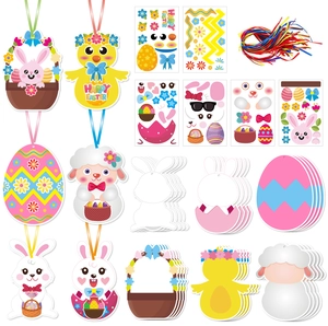 Décorations À Suspendre DIY Pâques Cartes En Papier Avec Autocollants Et Rubans Dessin Animé Lapin Poussin Mouton Œuf Pour Fête Maison