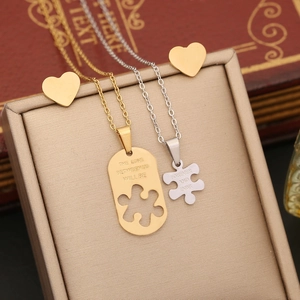 Coupled heart puzzle stainless steel necklaces with engraved Forever and Ever message