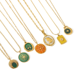 Vintage gold plated stainless steel necklaces with colorful enamel sun and star pendants