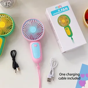 Portable handheld mini USB fan in pink and blue with charger cable and retail packaging
