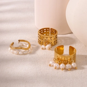 French vintage 18K gold plated stainless steel open ring with natural white pearl