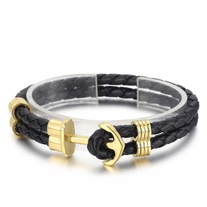 Men's double-layer black leather anchor bracelet with golden stainless steel hook