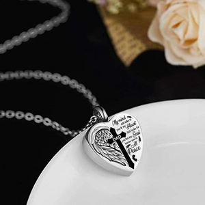 Stainless steel heart cremation urn necklace for Dad with cross and wing engraving