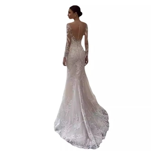 Elegant long sleeve lace mermaid wedding dress with open back and long cathedral train