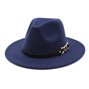 Detailed close-up of dark blue wool fedora with black leather band and gold chain links