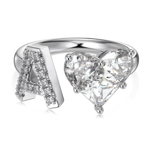 Adjustable S925 sterling silver ring with letter A and heart shaped zircon stone