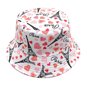 White bucket hat with Paris Eiffel Tower and red heart digital print pattern