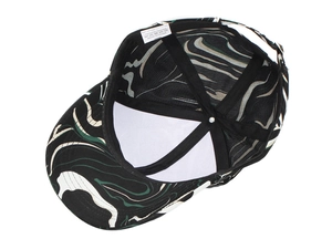 Detail view of colorful striped baseball cap showing inner 100% polyester lining and stitching