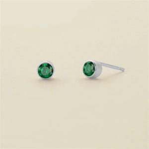 Silver stainless steel stud earrings with round emerald green cubic zirconia in bezel setting