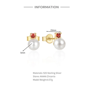 Detail of 925 sterling silver earrings with 5mm white pearl and AAAAA red zircon stone