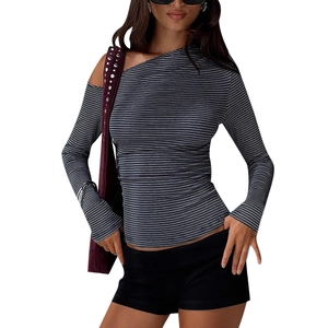 Slim fit off-shoulder long sleeve top featuring classic black and white stripes