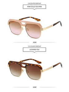 Vue latérale détaillée des lunettes de soleil à double pont avec montures rose thé et léopard