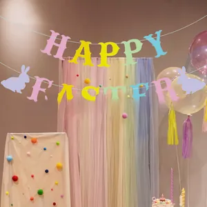 Detail of glittery Happy Easter banner with colorful rabbit silhouettes and art lettering