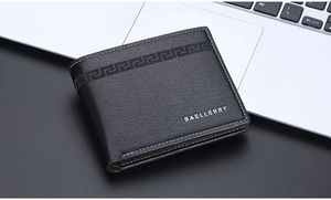 Close-up of black men's wallet with textured embossing and metal brand logo