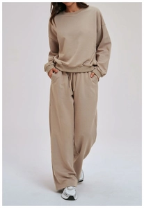 Full view of casual two-piece lounge set with crewneck sweatshirt and wide-leg joggers