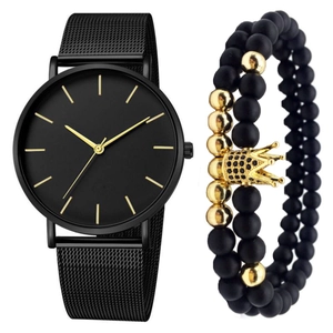 Men Quartz Watch Beaded Bracelet Minimalist Alloy Mesh Band Fashion Casual Wristwatch Crown Skull Charms