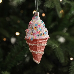 Pink ice cream cone Christmas tree ornament with glitter and colorful sprinkles