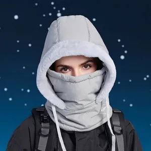 Grey winter fleece balaclava hood with windproof outer shell and plush faux fur lining
