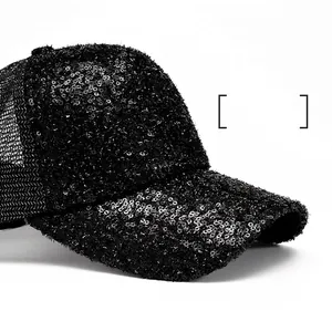 Casquette de baseball noire à paillettes pour femme avec filet respirant à l'arrière