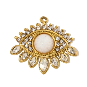 Close-up of golden Evil Eye pendant with white gemstone and sparkling crystals