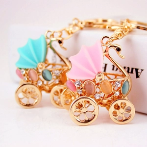 Cute Swan Baby Carriage Rhinestone Keychain Zinc Alloy Enamel Keyring For Women Bag Charm Pendant Jewelry Gift