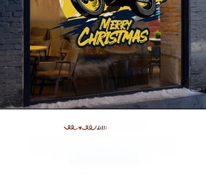 Detail of Santa Claus riding a vintage motorcycle on a Merry Christmas window sticker