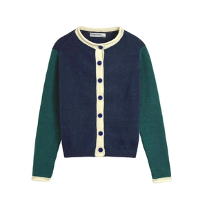 Contrast Color Knit Cardigan Sweater Round Neck Long Sleeve Button Up Trim Chic Short Outerwear For Women