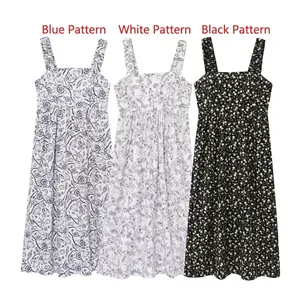 Floral Print Smocked Midi Dress Ruffled Straps Square Neck Summer Beach A-Line Sleeveless Sun Dress For Women