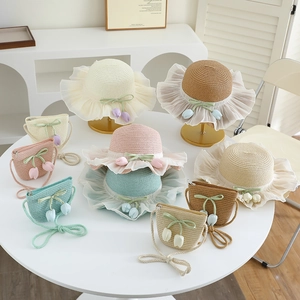 Girl's lace tulip straw hat and crossbody bag set in multiple pastel colors