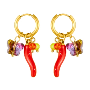 Golden hoop earrings with red chili and purple butterfly pendants on white background