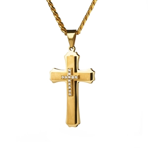 Men's double layer gold stainless steel cross pendant necklace with zircon stones