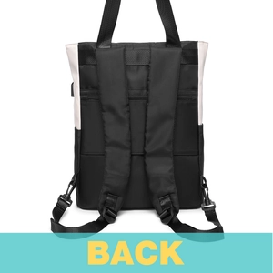 Detail view of the backpack back with padded straps and integrated USB charging port