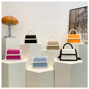 Women Contrast Color Handbag PU Leather Mini Shoulder Crossbody Bag With Handle And Adjustable Strap Minimalist Trendy