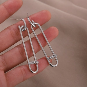 Elegant silver safety pin earrings with S925 silver needles and white zircons for women