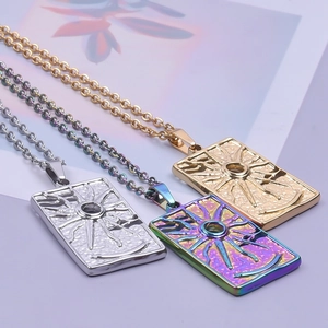 Minimalist gold, silver, and rainbow sun pendant necklaces in stainless steel finish