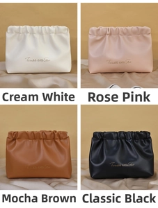 Detail showing high-quality PU leather makeup bags in four colors with drawstring closure