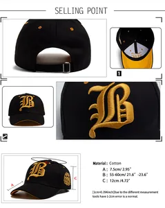 Detailed size chart for the black cotton baseball cap showing brim and crown measurements