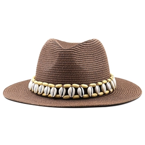 Dark brown straw panama hat with wood bead and seashell band decoration for summer
