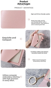 Detailed macro of pink PU leather card holder featuring reinforced stitching and gold ring