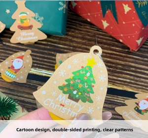 Close-up of assorted kraft paper Christmas gift tags with festive holiday character patterns