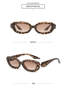 Detail view of oval leopard print sunglasses with double tea gradient lenses from two angles