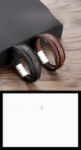 Detail view of woven leather bracelets with alloy rivets and stainless steel magnetic clasp