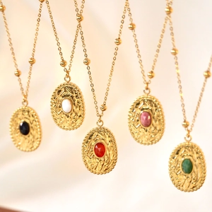 French vintage stainless steel 14k gold necklace with oval gemstone inlay pendants