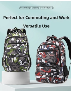 Detail of large capacity camouflage backpacks showing multiple zipper layers and side mesh pocket