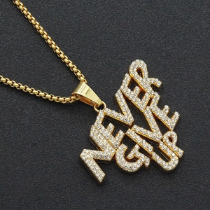 Gold iced out 'Never Give Up' letter pendant necklace with rhinestones for men
