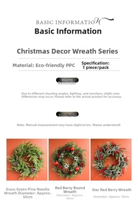 Detailed comparison of 40cm and 50cm snowy Christmas wreaths with pine needles and red berries