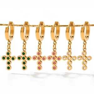 Baroque gold stainless steel cross earrings with colorful zircon stones on white background