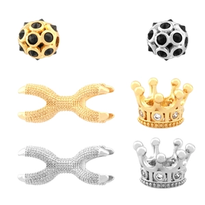 Gold and silver crown coral zircon round bead charms for DIY jewelry making in a symmetrical layout